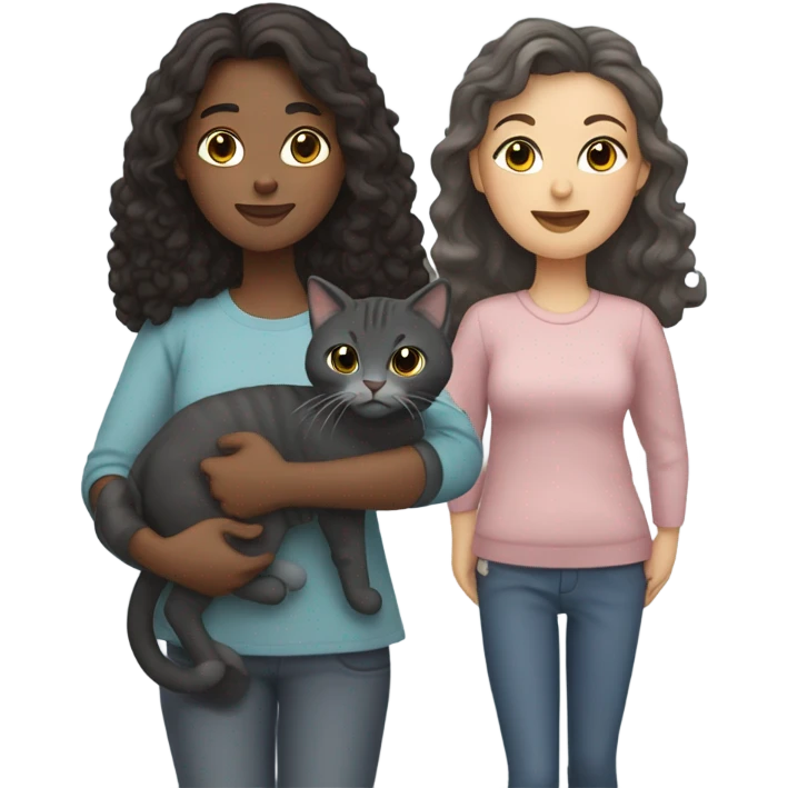 Family emoji, one woman with straight dark brown hair, one woman with curly long dark hair holding a dark grey cat and a grey tabby cat  emoji