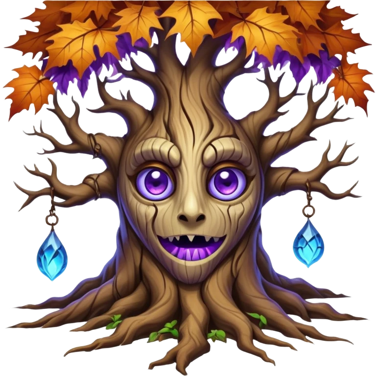 An ancient, psychic tree evolves by absorbing the essence of fallen autumn spirits, sprouting a radiant leaf, channels both forest wisdom and fiery seasonal magic through its gnarled. Purple eyes, blue eyes sharp teeth, bark wood skin, heterochromatic eyes emoji