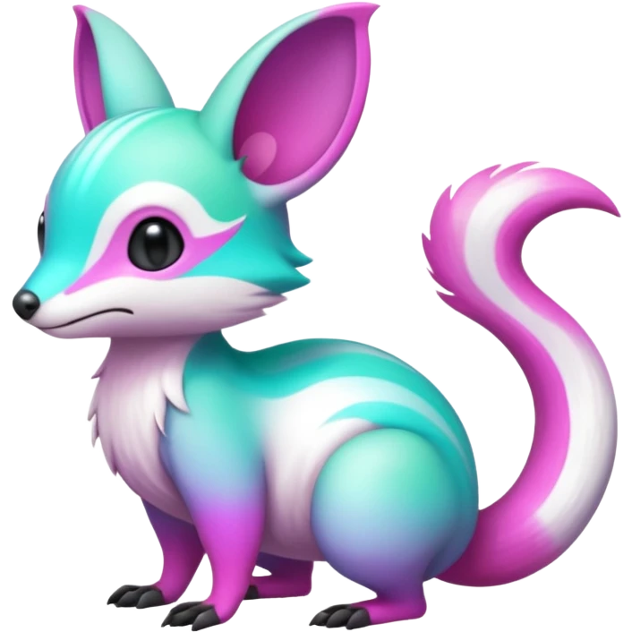 Iridescent Neon Green-Cyan-Magenta-gradients Minccino-Emolga-Numbat-Sergal-fusion-hybrid-animal-creature, full body emoji
