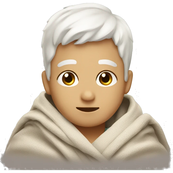 A boy with short white hair is sitting wrapped in a blanket emoji