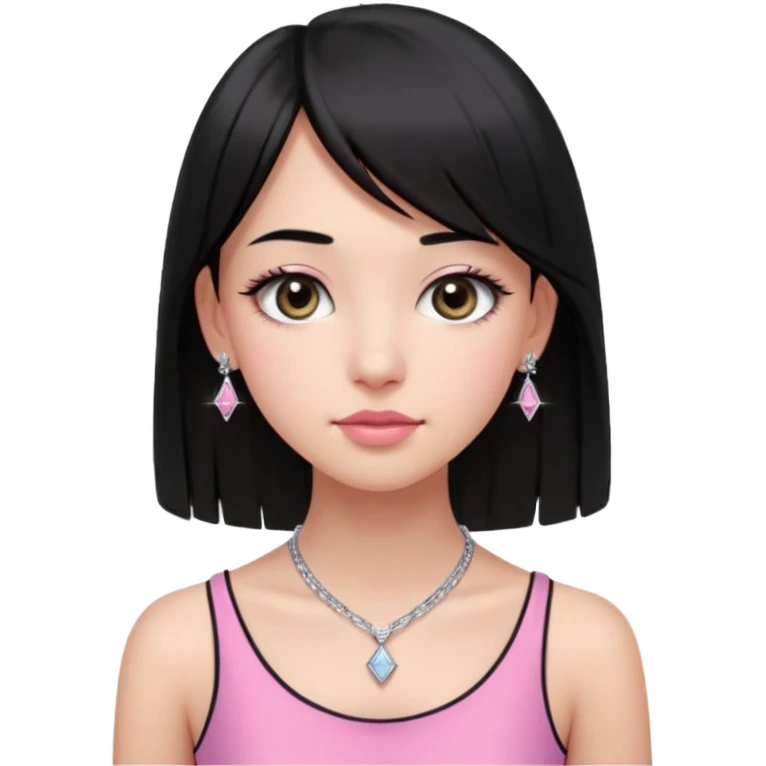 Cabelos pretos longos lisos ,com franja curvada  na altura do queixo .olhos pretos puxadinho para cima. Cílios longos curvados. Pele clara ,nariz pequeno ,lábios carnudos ,adolescente 16 anos ,vestido rosa de alça, colar pequeno prata ,brinco de diamante pequeno  emoji