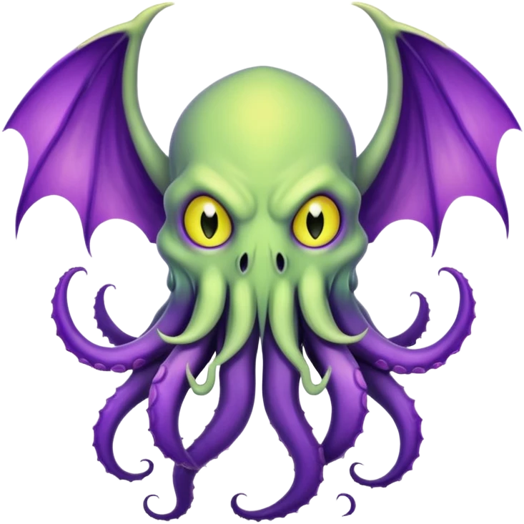 light green Cthulhu with purple bat wings and purple gradient tentacles. Yellow angry eyes. yellow suckers on tentacles. dramaticshading emoji
