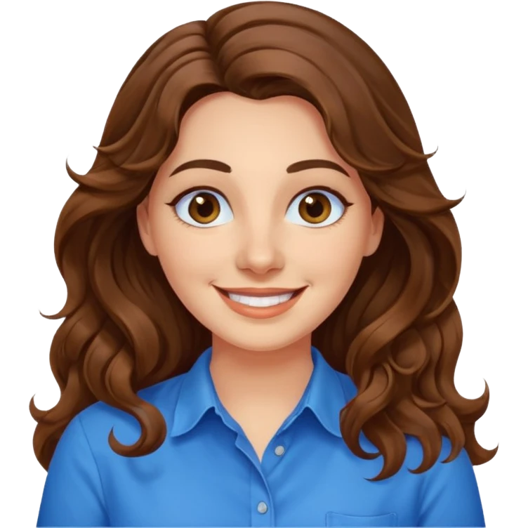 30 yr old italian woman, long brown wavy hair, big brown eyes, huge smile, bright blue shirt, no bangs, a bit chubby emoji