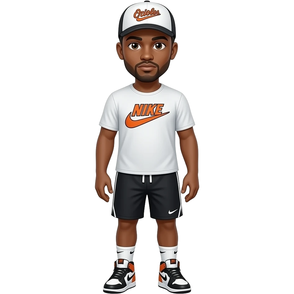 make me a brown skin colored man with brown low taper fade with a white baseball white and the hat says orioles in orange with nike shirt nike sjorts, nike socks, jordan 4’s emoji