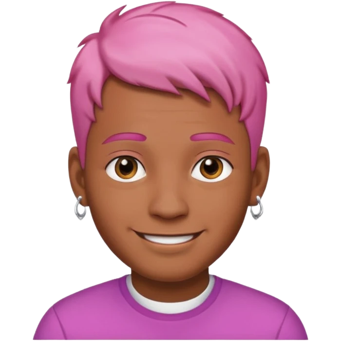 smiling man with brown skin, short pink hair, two earrings, confident expression, iOS emoji style emoji