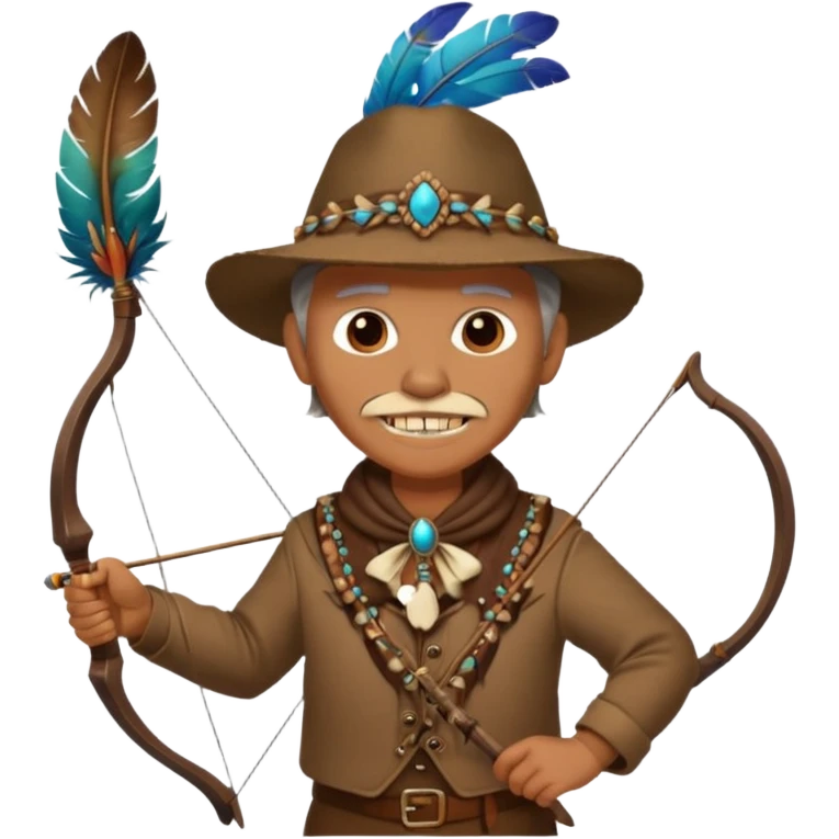 The classic image of a middle-aged uncle hunter carrying a bow, dressed in brown clothes, with some ornaments made of feathers, bones or teeth on his body. emoji