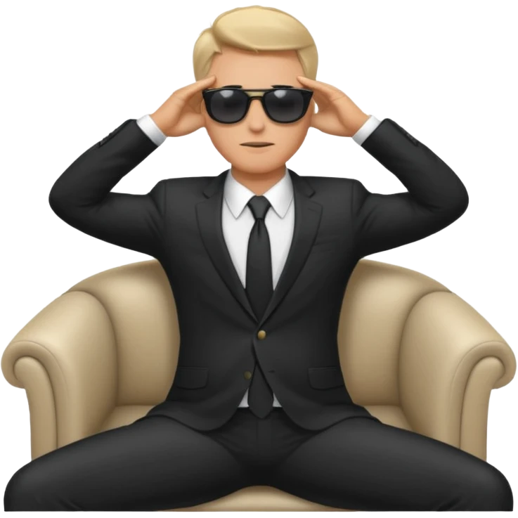 white man in formal suit wearing sunglasses resting with hands behind head emoji