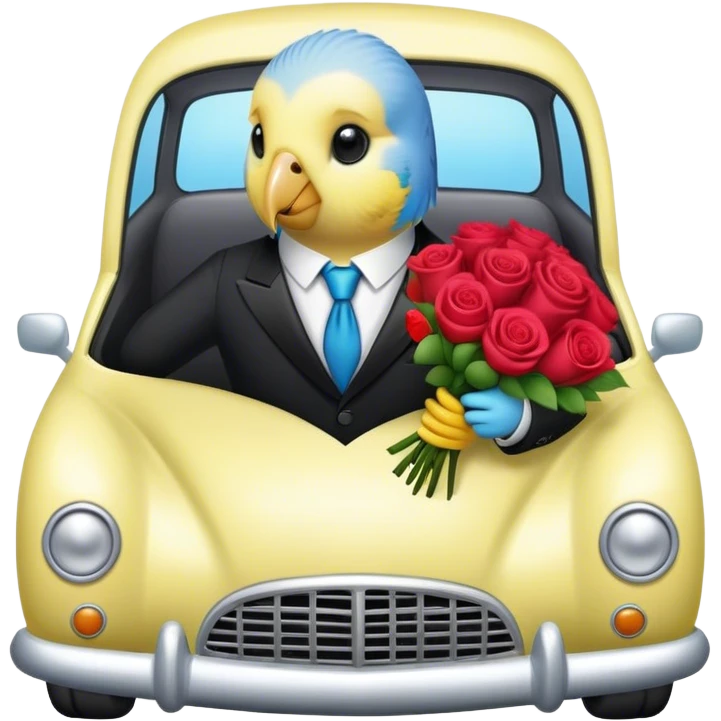 budgie in a car in a suit holding roses bouquet emoji