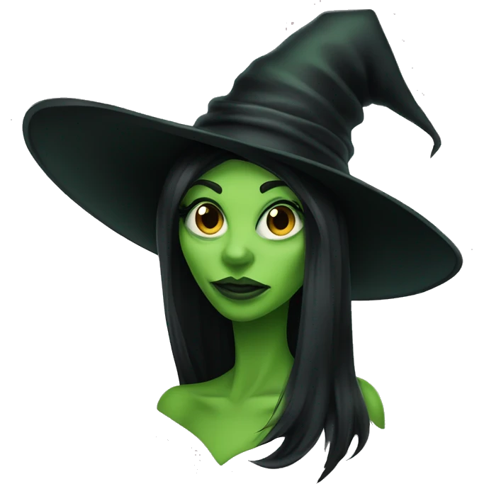 Wicked witch green skin and black hair with witch hat emoji