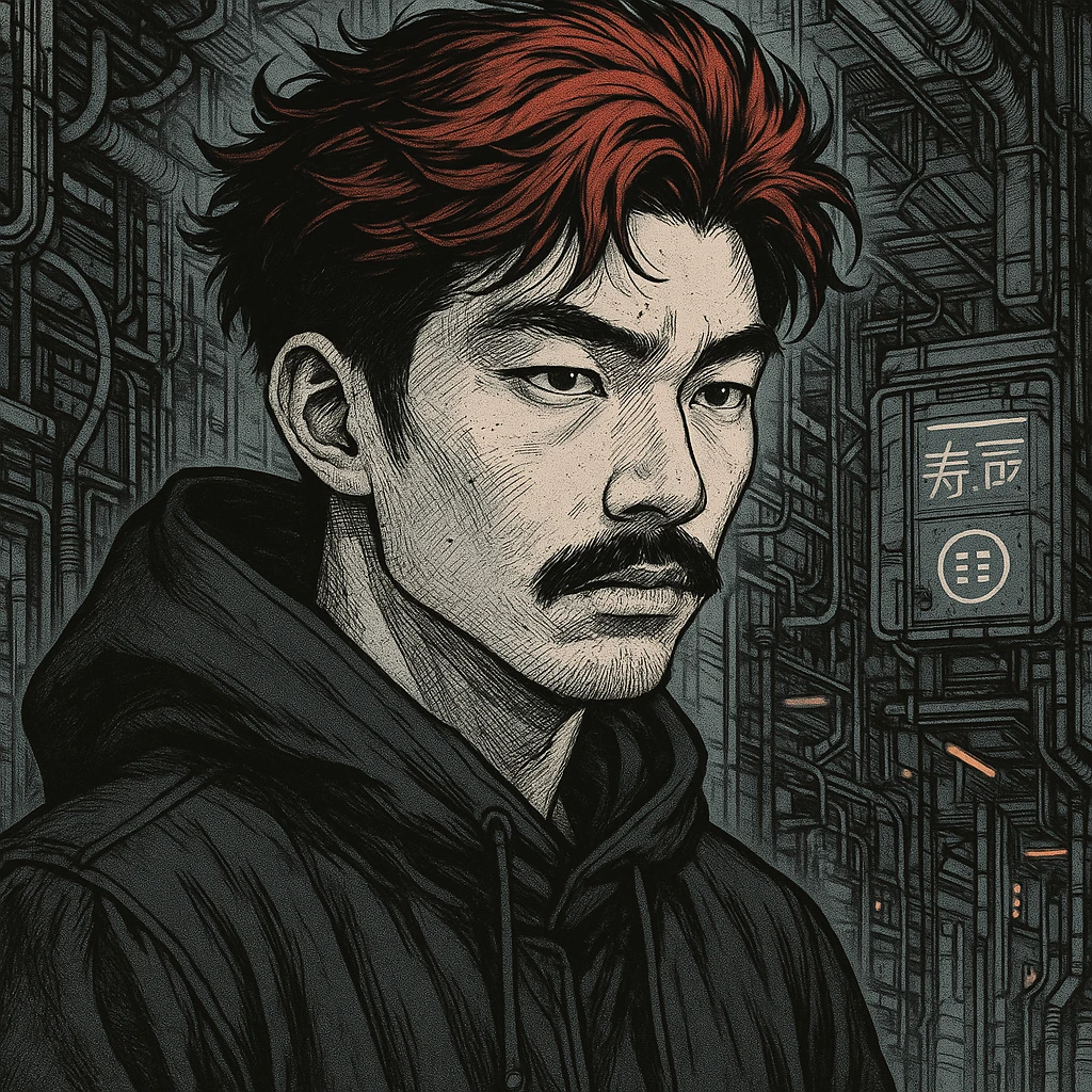 Asian man with black mustache, red hair, black hoodie, Japanese manga style inspired by Ghost in the Shell, cyberpunk atmosphere, detailed linework, monochrome with subtle color accents emoji