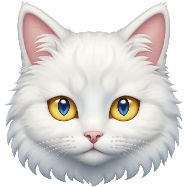 Make me a cute white fluffy cat with one blue eye and one yellow emoji
