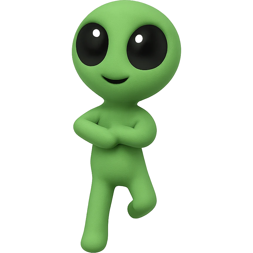 Create a neon green alien dancing, almost identical to the reference image, with minimal changes in the positions of arms and legs, looking straight ahead. This is frame 14 of the animation. PNG with transparent background. emoji