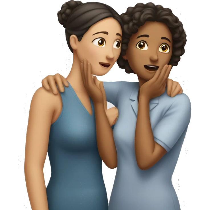 One woman whispers into the ear of another woman closing by hand emoji