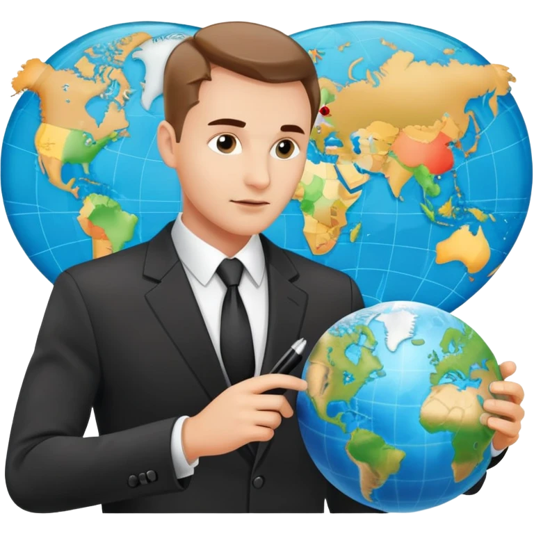 Polish man in a business suit analyzing global strategy with a world map emoji