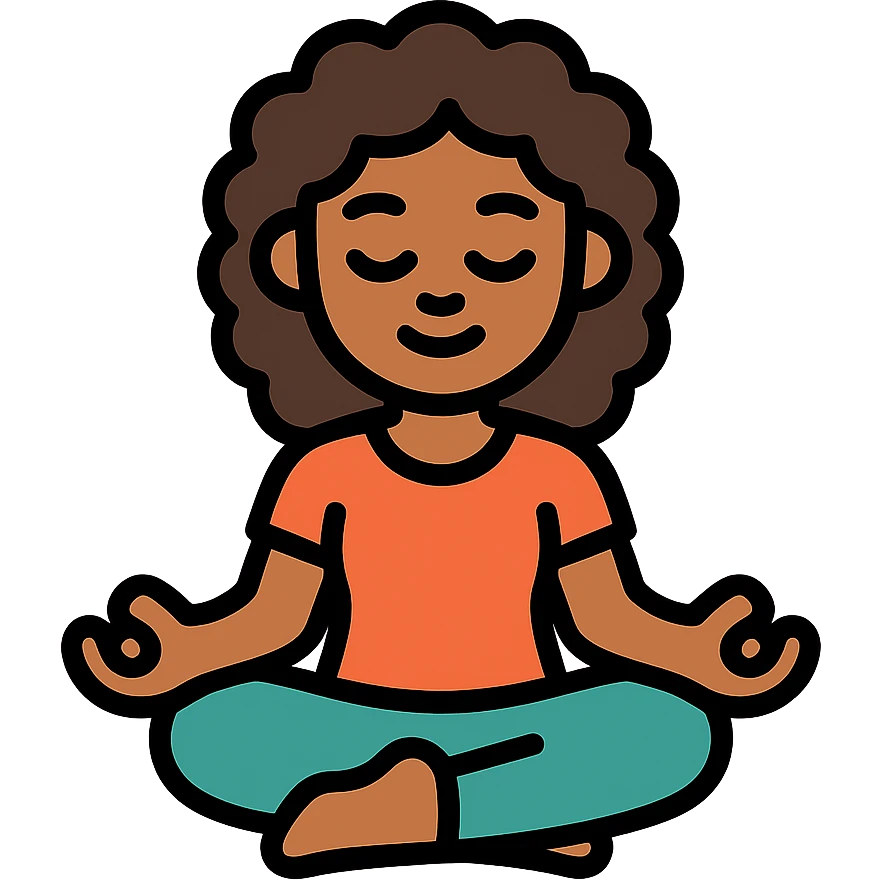 brunette girl with curly hair meditating, sitting cross-legged, colored icon emoji
