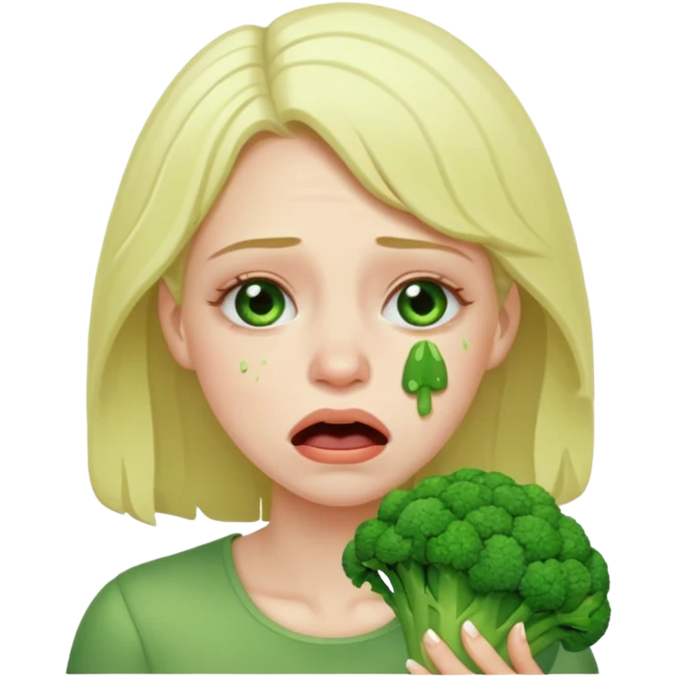 Woman crying eating broccoli emoji