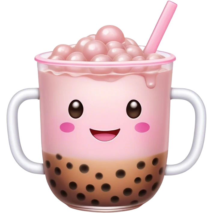 Cute Kawaii Boba Tea Cup, with a happy smiling face, chubby round shape, pastel pink and brown colors, soft glowing highlights, adorable tapioca pearls floating inside, sparkling eyes full of joy! emoji