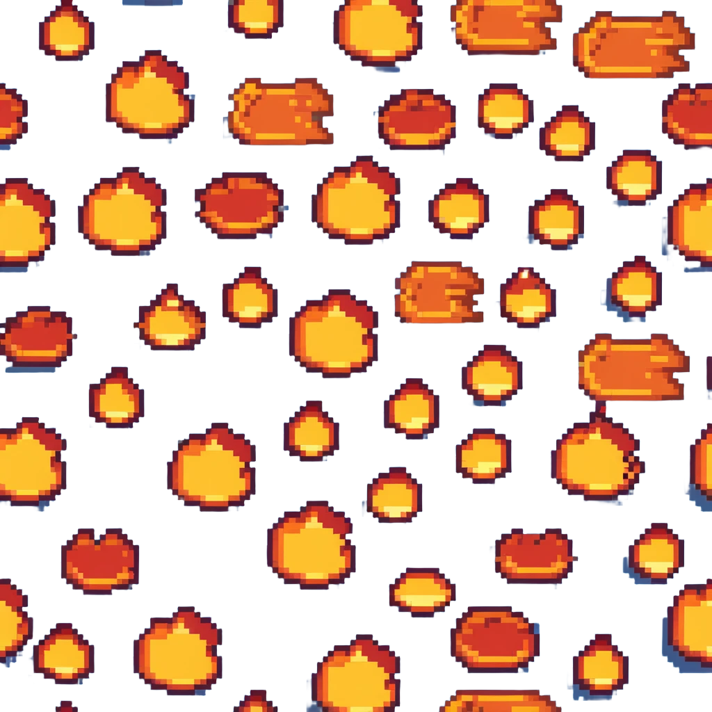 Bomberman horizontal explosion tile, flames extending left to right across full width, bright orange and yellow core with red edges, flames about 60% of tile height, centered vertically, flame wisps details emoji