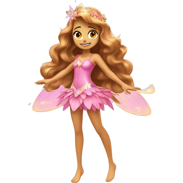 Flora the adult latina fairy of nature in her enchantix fairy pink clothing and fairy enchantix wings and long light brown hair from winx club. Small eyes, Lots of sparkles and fairydust. Full body and full fairy bliss emoji