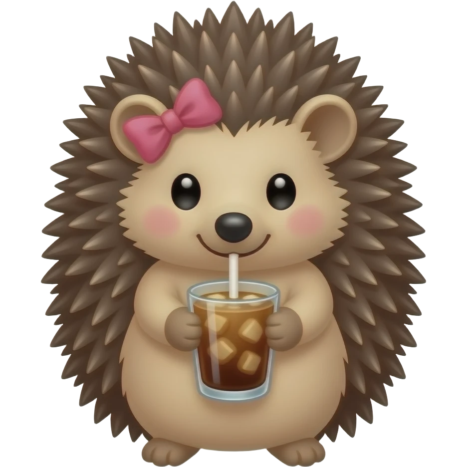 hedgehog with a pink bow drinking an iced coffee emoji