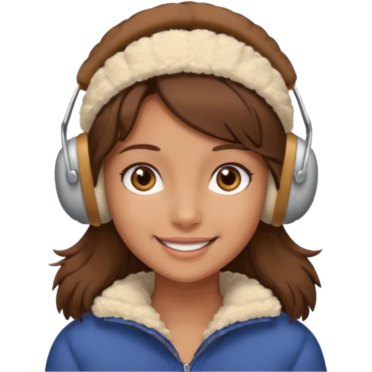 A girl wearing beige ear muffs, tan skin, brown hair, brown eyes smiling emoji