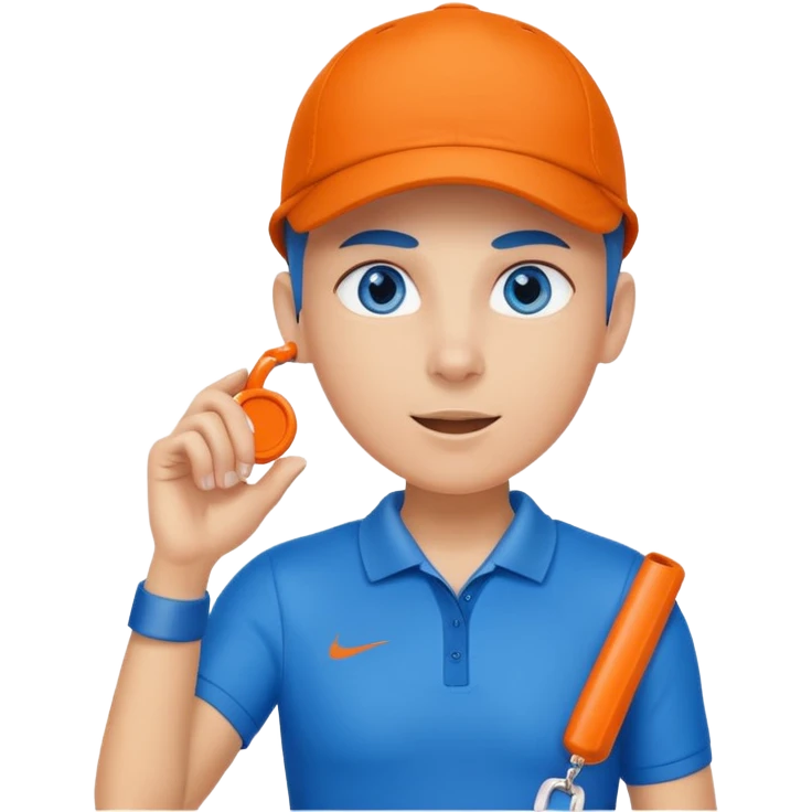 Make a friendly emoji style mascot for Sports Eye. Character will be blue sporty eye with a face, wearing a whistle, symbolizing coach giving guidance. design should be modern, friendly, & energetic, like a sports coach avatar. Primary color #2051E5 small touch of orange. emoji