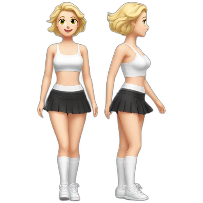 realistic full body caucasian curvy beauty jumping short black skirt back and front views strong wind white knickers long white socks emoji