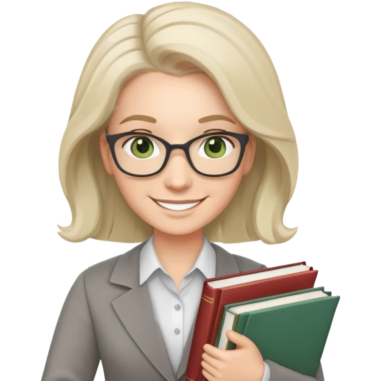 smiling English teacher with airtouch hair and grey-green eyes holding books and teaching materials emoji