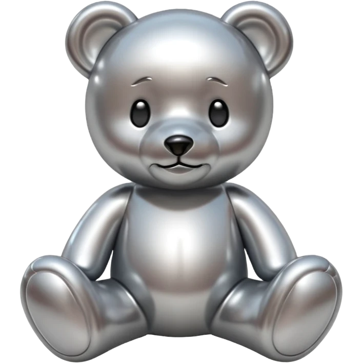 A cute teddy bear emoji made of liquid silver chrome, smooth rounded body, glossy metallic surface, soft reflections, friendly proportions, iOS emoji style, centered, clean white background emoji