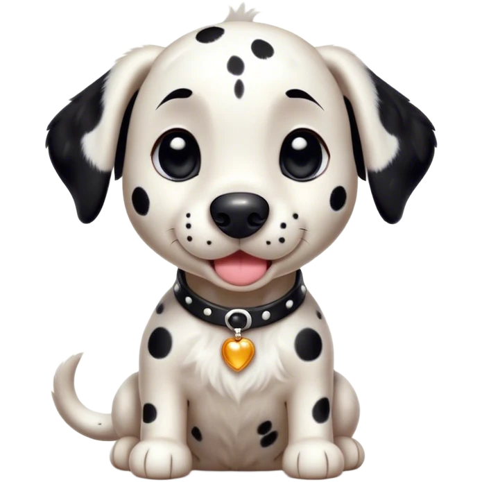 Cinematic Cute Spotted Dalmatian Portrait Emoji, Head tilted playfully and inquisitively, featuring a glossy Fur of predominantly white with dynamic black patches, round, sparkling eyes filled with gentle curiosity, Simplified yet irresistibly adorable features, highly detailed, glowing with a warm, friendly glow, high shine, affectionate and gentle, stylized with a touch of whimsy, bright and endearing, soft glowing outline, capturing the essence of a mischievous yet loving pup, so playful it feels like it could lumber out of the screen and into your arms! emoji