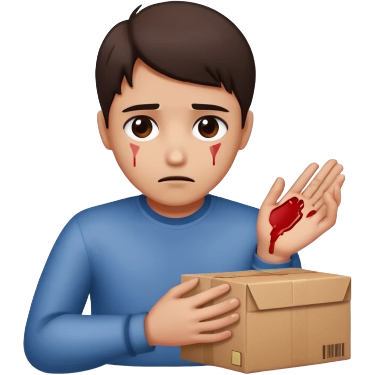 Generate a realistic emoji of a package being unpacked and the person is sad because they got hurt by the package emoji