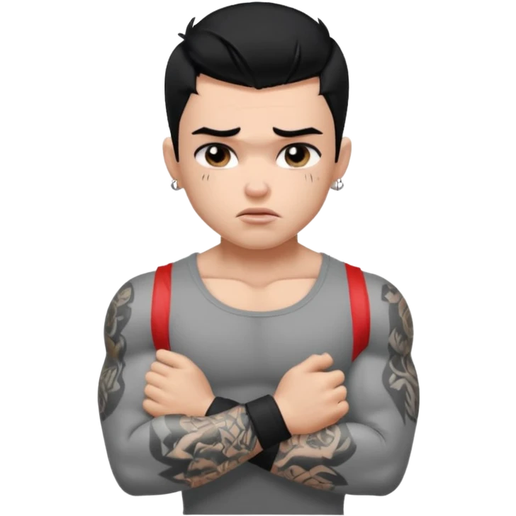 a PRETTY BRATZ boy with black hair, big biceps, full grey sleeve, crying emoji