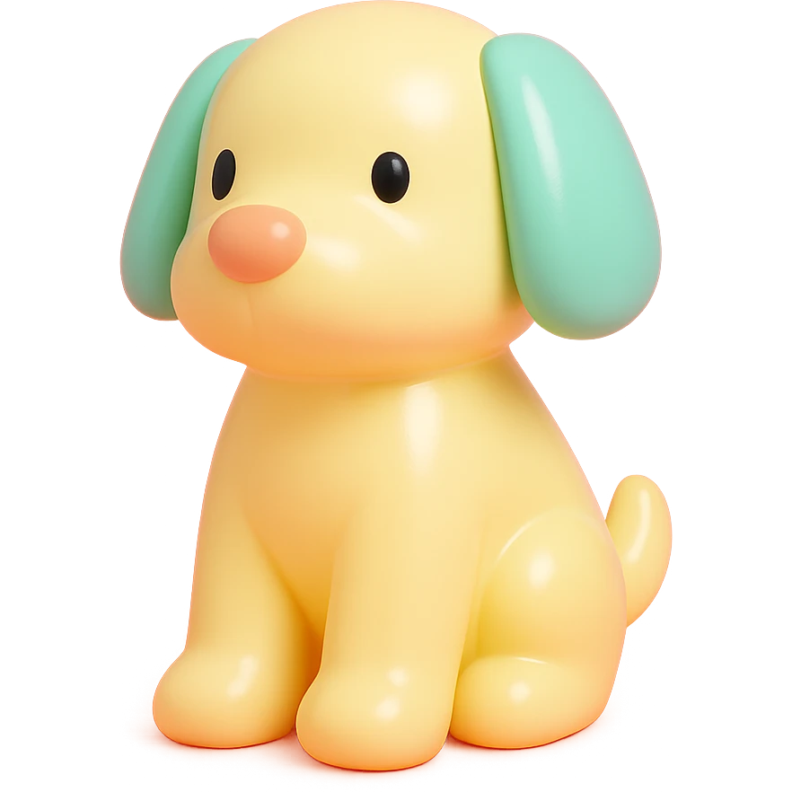               Transform {subject} into a soft vinyl figure with a smooth, glossy surface. The material should look slightly rubbery and tactile, with minimalistic curves and a matte-gloss hybrid finish. Use pastel or soft solid colors. The surface is seamless, with no visible textures or roughness. Studio lighting, vibrant background, clean, playful, designer toy aesthetic and no shadows. {subject} = dog emoji