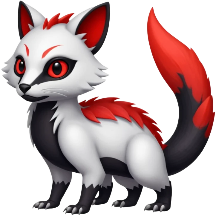 a white exotic edgy vernid-fionbr-Fakémon-creature, with black belly and red eyes, full body emoji