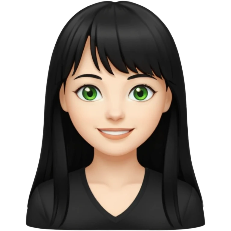 A white woman with Long straight hair with bangs, black hair, green eyes and a black low-cut shirt smiling emoji