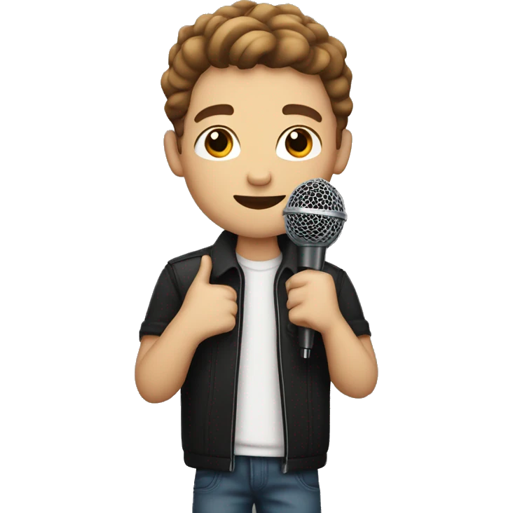 White boy with brown hair and tattoo on arms holding a microphone  emoji