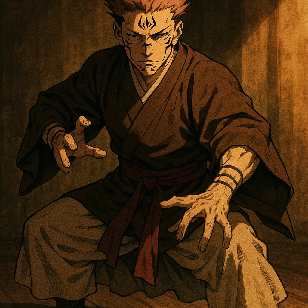 Ryomen Sukuna, Heian era, no smile, Ryoi Kenkai stance, traditional clothing, dramatic lighting, anime style emoji