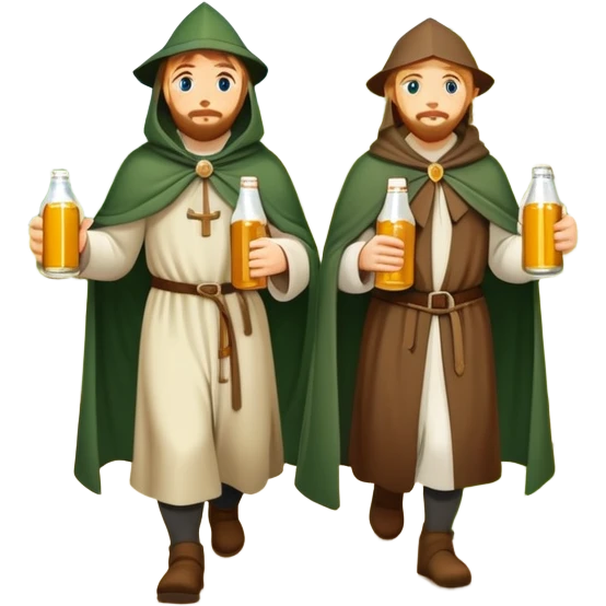 medieval pilgrims walking on a journey path with cloaks and beer bottles emoji
