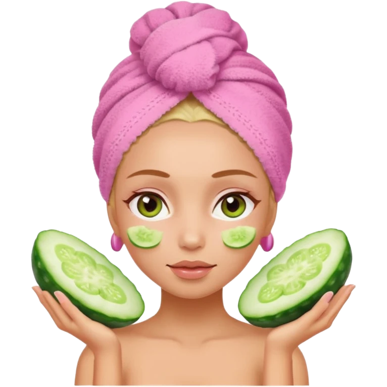 Girl with pink towel in hair cucumber slices on eyes  spa emoji