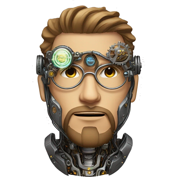 Male cyborg head with light brown hair, light brown beard, steampunk glasses, circuits, wires  emoji