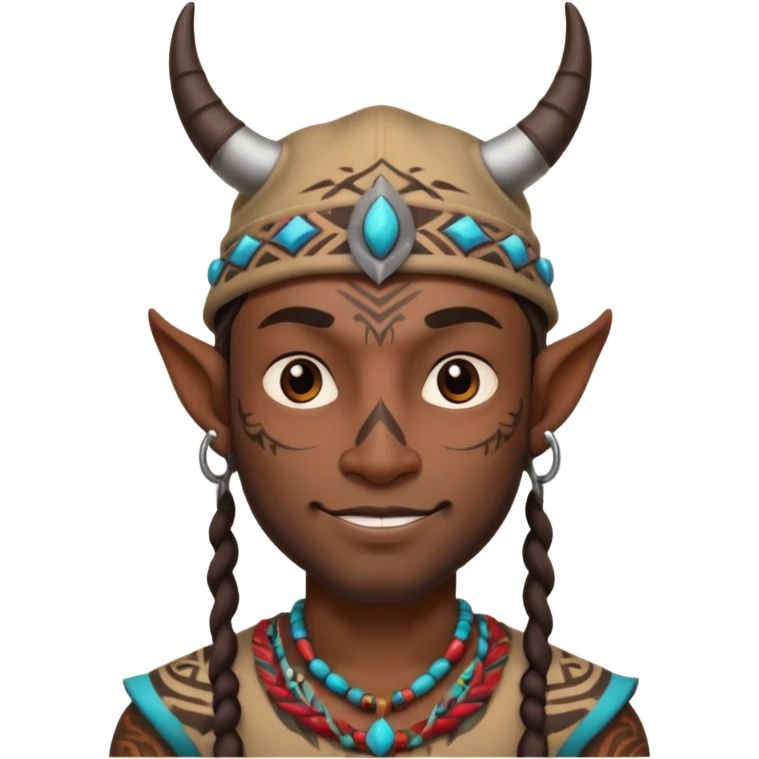 Man with horned hat — tribal tattoos, smirk. emoji