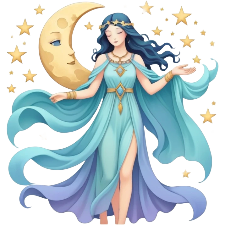 Mystical tarot card with flowing clothing silhouette, ethereal fashion symbol with stars and moon elements emoji