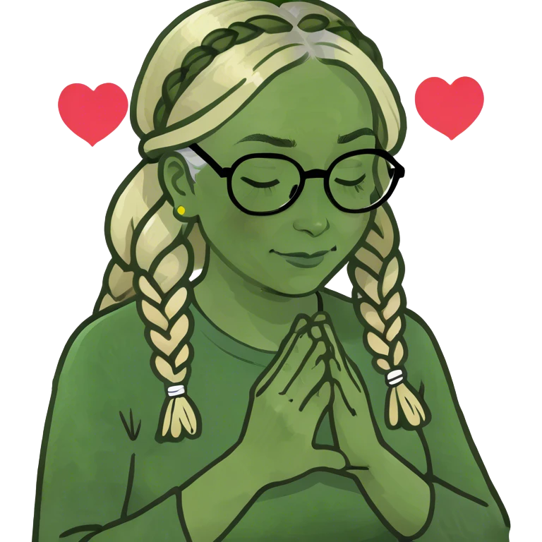 Blond middle aged woman with reading glasses and long blond braids praying, and with heart in her mind emoji