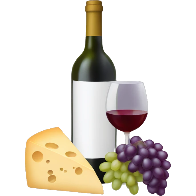 wine bottle with wine glass and grapes and cheese emoji