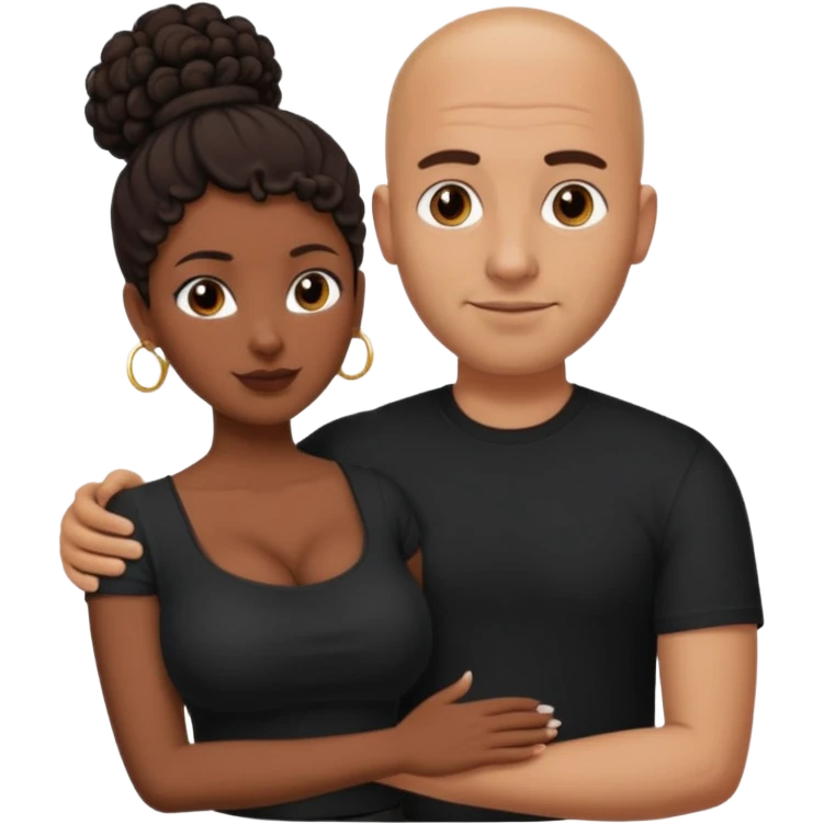 A picture of a tanned couple with the man's arm around her. the man is a Mexican man with tanned skin, a bald hair cut, short beard and wearing a black shirt. the woman is mixed, with curly dark brown hair in a big bun and with big boobs  emoji