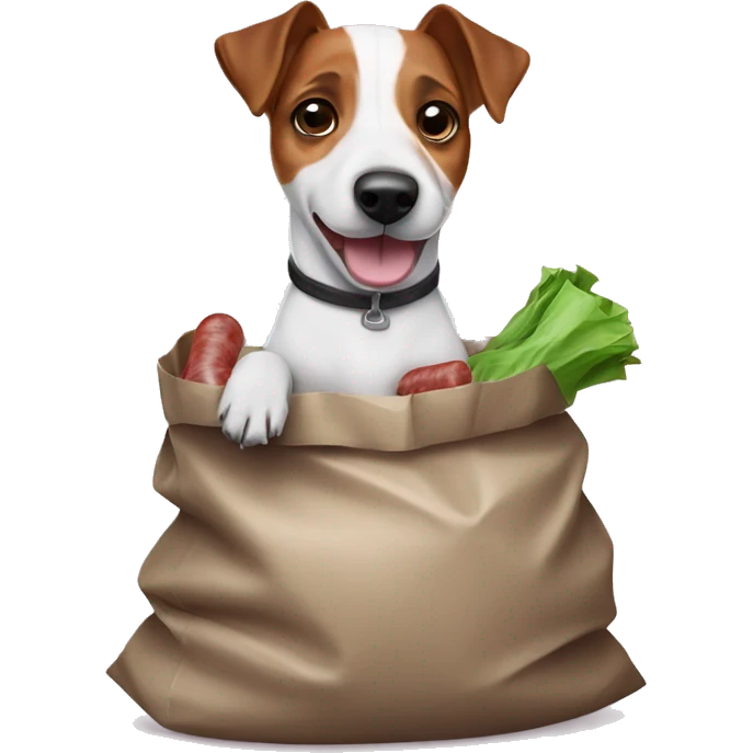 Jack Russell Terrier holds a garbage bag with sausages in his paws emoji