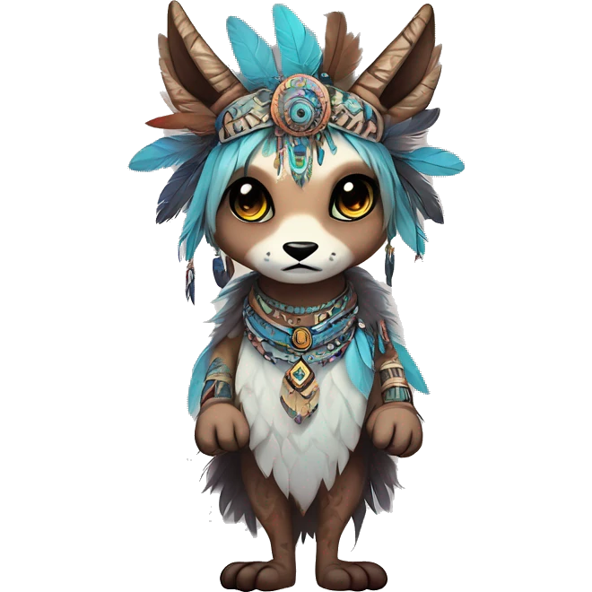 cute Kawaii edgy ethereal shy epic tribal fantasy animal fursona Fionbri creature by griffsnuff & LiLaiRa & Falvie with exotic colors with intricate patterns and feathers and headdress and necklace full body emoji