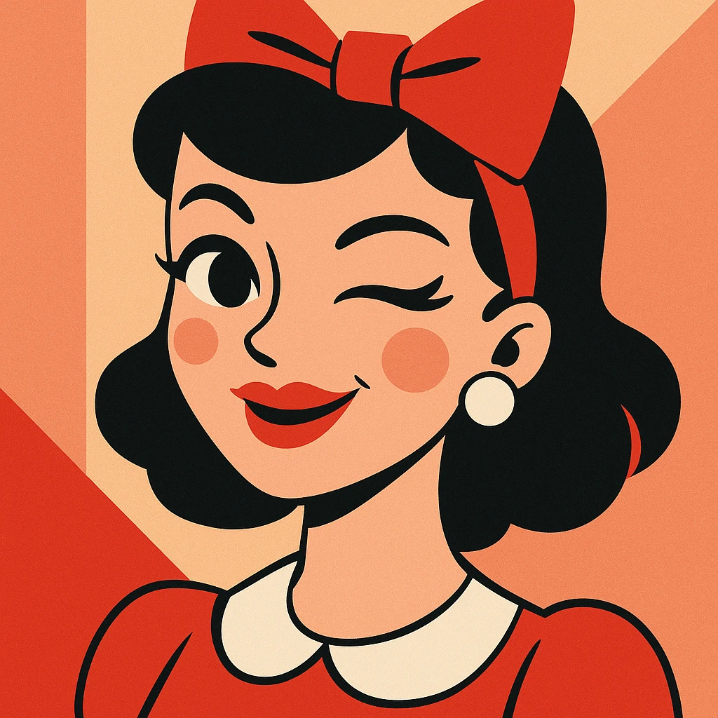 coquette with red lips, winking, wearing a bow, vintage-inspired style emoji