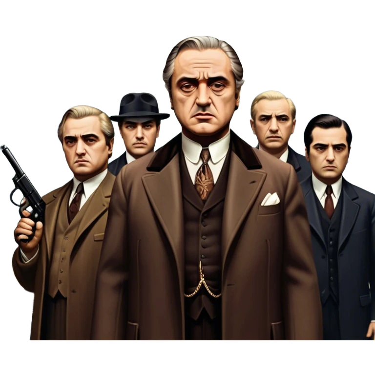 A vintage movie poster-style design featuring Don Vito Corleone surrounded by gangsters with Tommy guns. Include a dark, moody noir atmosphere with skyscrapers of New York in the background. The scene should be tense and mysterious, with a retro cinematic feel. Transparent background. emoji