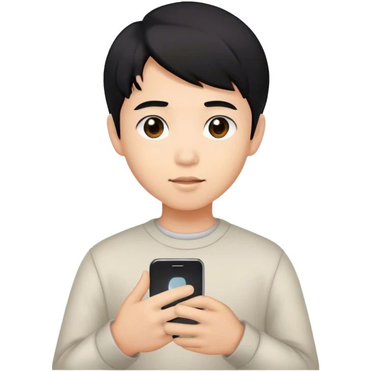 cute asian boy whit a brown eyes, black hair, whit a phone in a hand  emoji